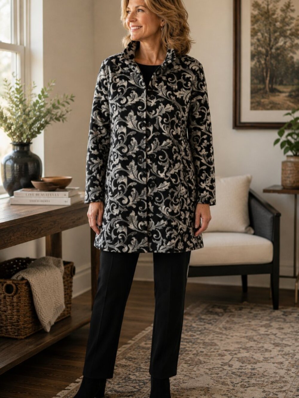 Susan Graver Black Gray Scroll Print Fleece Jacket Coat L Soft Lightweight QVC